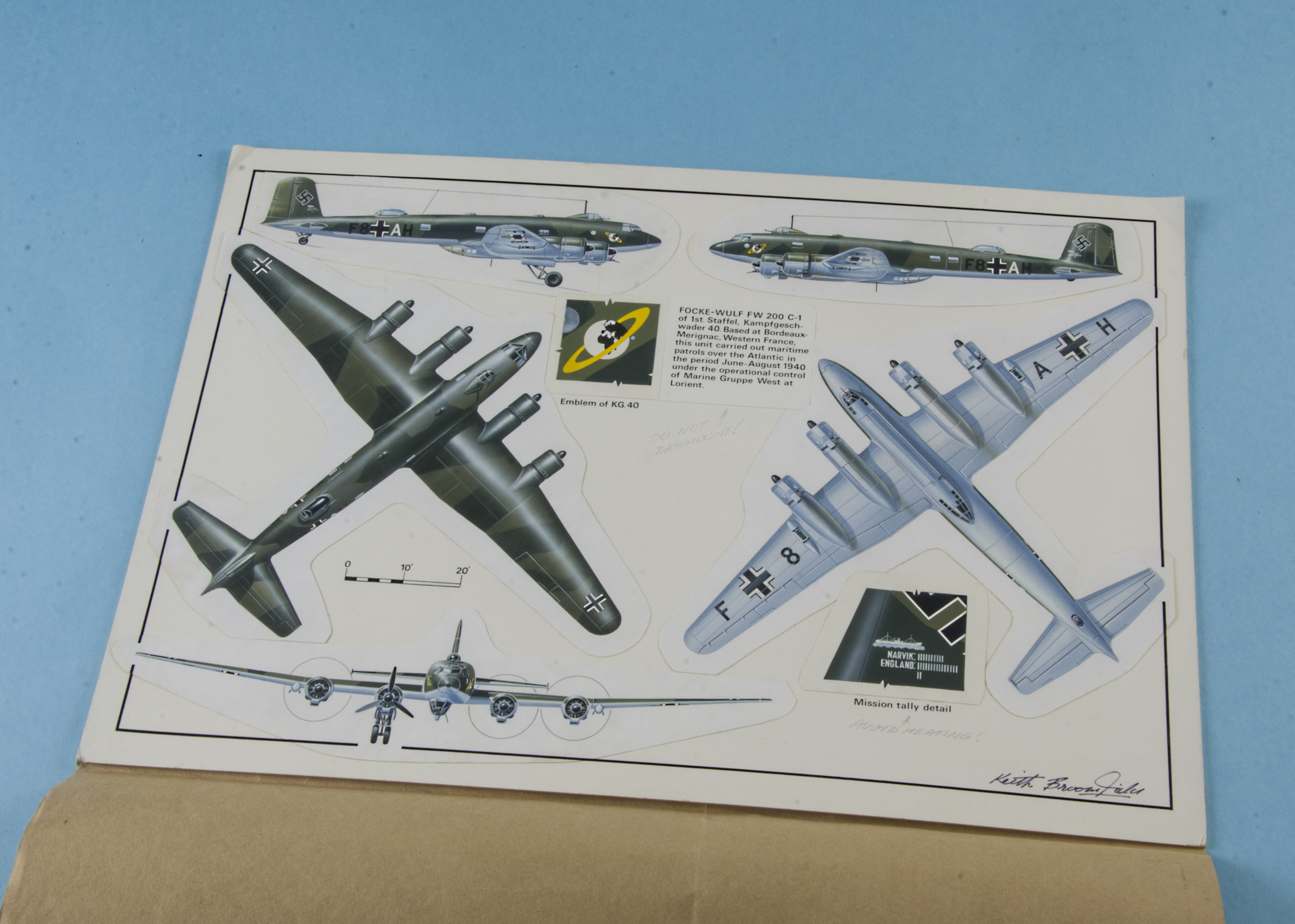 A 1960s aviation artwork board by Keith Broomfield, depicting five elevations and a detail view of a