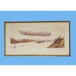 An Early 20th Century print after Montaut, depicting a Zeppelin airship over lake, titled