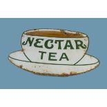 A vintage enamel Nectar Tea advertising sign, tea cup and saucer shaped, 32cm by 53cm