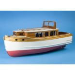 A c1960s scratch built model of a river cruiser boat, "Cirrus", white and red hull and white and