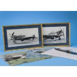 A pair of black and white framed photographs of Hawker Hurricanes, together with four large colour