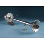 Motorboat Foghorn c1960s; £30-50 Long-trumpet pattern, chrome-plated brass, 12-volt electric. 40cm