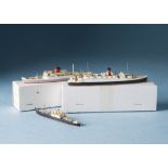 Eight waterline models of ships and boats, each in card boxes, including civilian and merchant