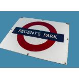 A c1970s enamel London Underground station sign, for Regents Park, 71cm by 57cm