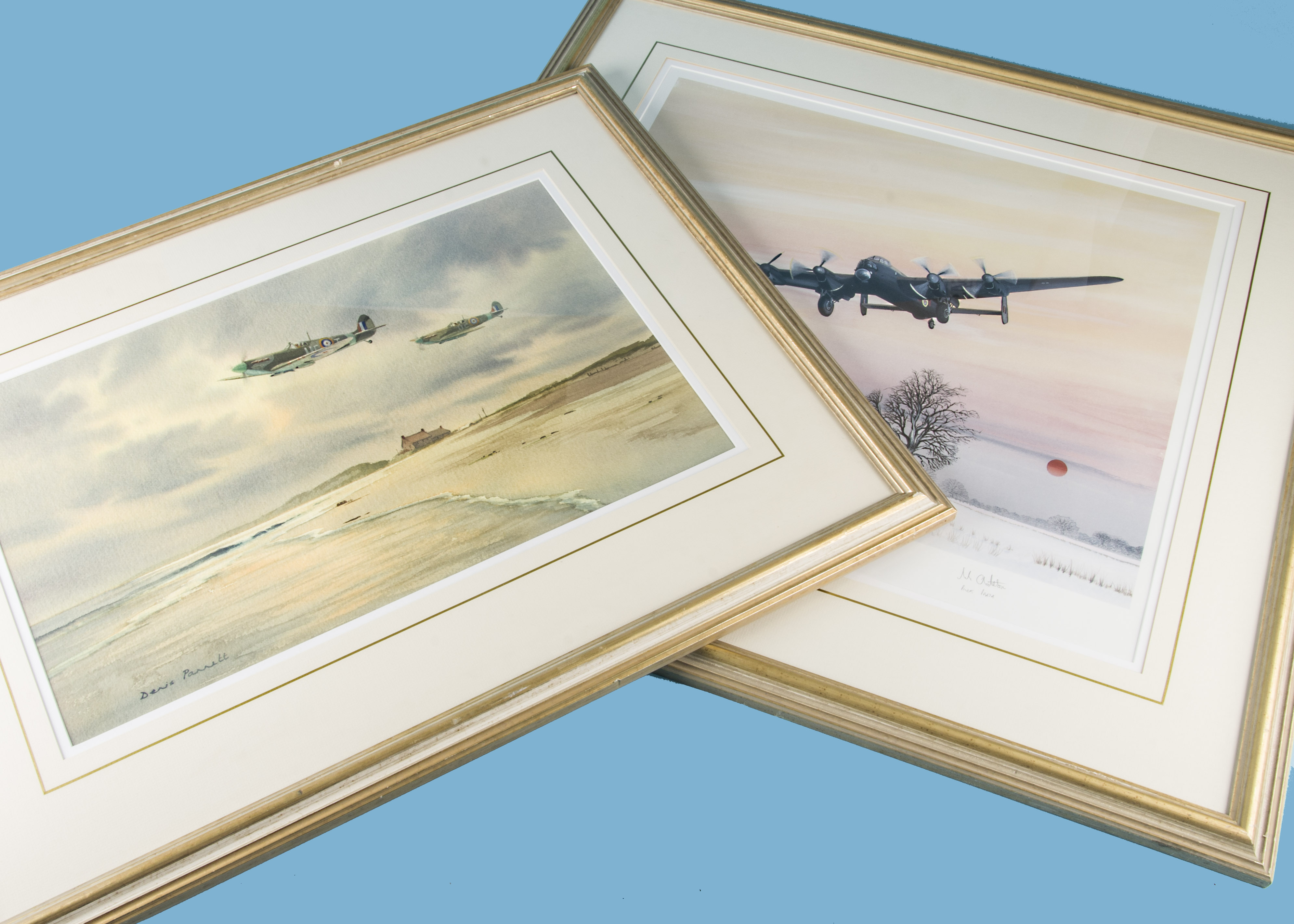 Denis Pannett G.Av.A. watercolour on paper, Spitfires over Brancaster, exhibited in 1994 (Guild of