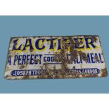 A vintage enamel Lactifer Calf Meal sign, from Joseph Thorley, in poor condition, 41cm by 82cm