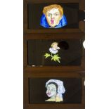 Ten Mahogany-Framed Hand-Coloured Magic Lantern Slipping Slides with Moving Eyes, of man coming