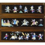 Eleven Mahogany-Framed Hand-Coloured Long Magic Lantern Slides, of various sizes, two of comical