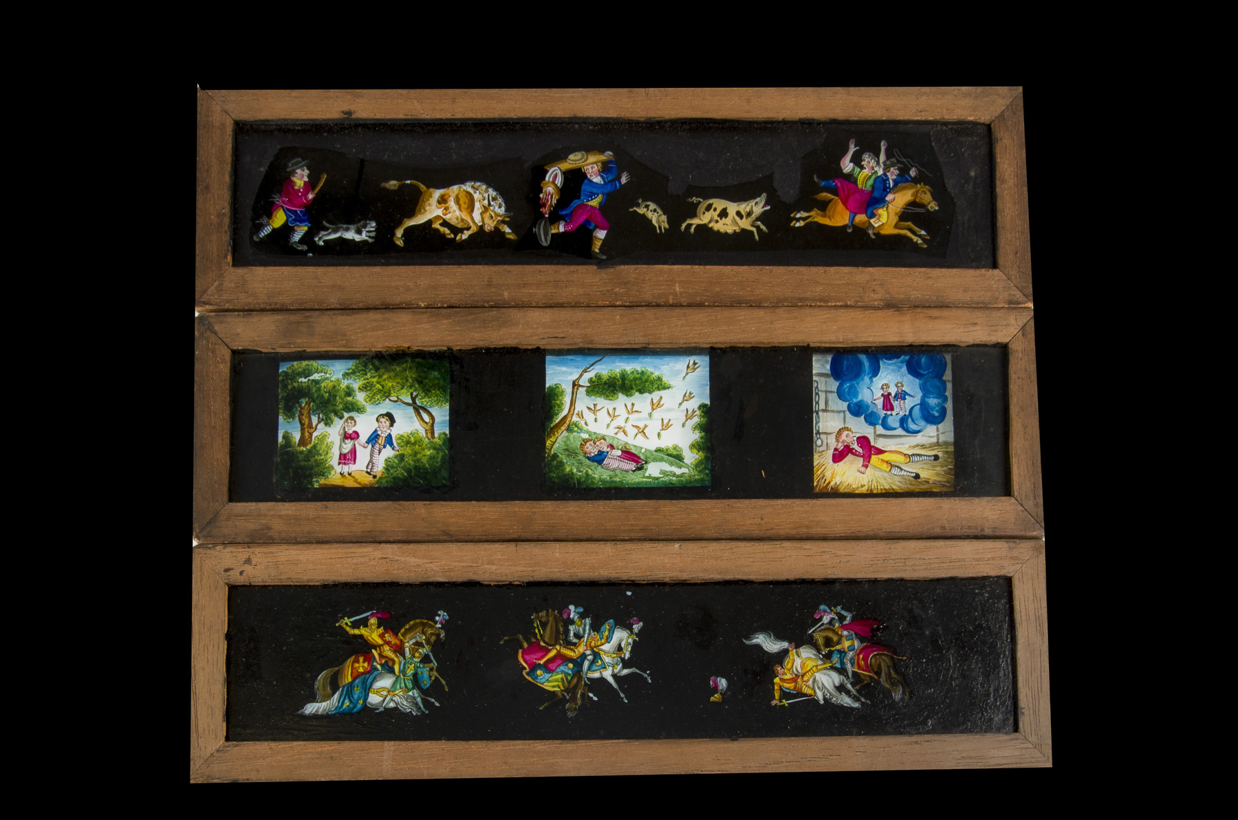 Twelve Mahogany-Mounted Hand-Painted Long Magic Lantern Slides, Each with comic figures and approx - Image 4 of 4