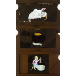 Ten Mahogany-Framed Hand-Coloured Magic Lantern Slipping Slides, of a man with a Good Night sign,