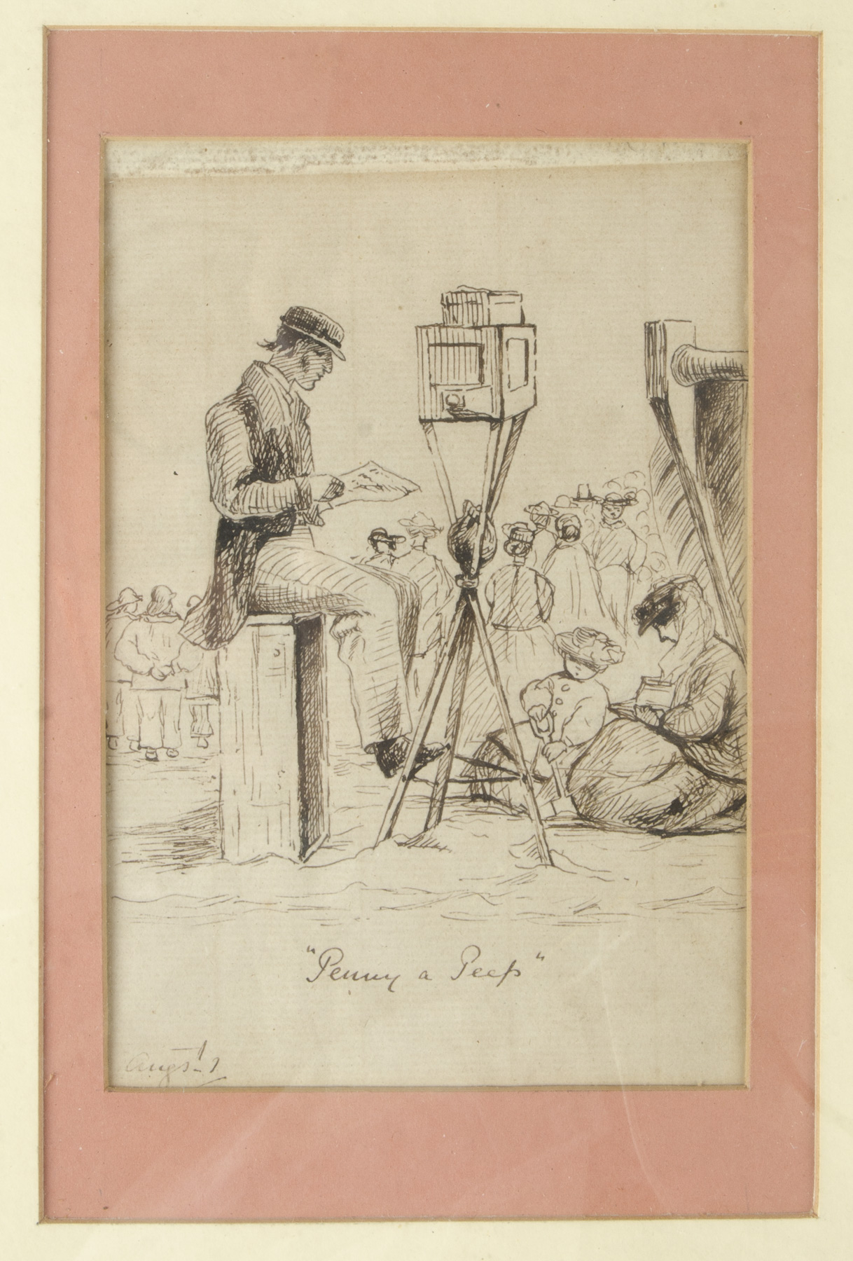 “Penny a Peep”, a pen and Ink drawing of a man sitting by a peep show with a paper label on the