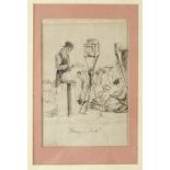 “Penny a Peep”, a pen and Ink drawing of a man sitting by a peep show with a paper label on the
