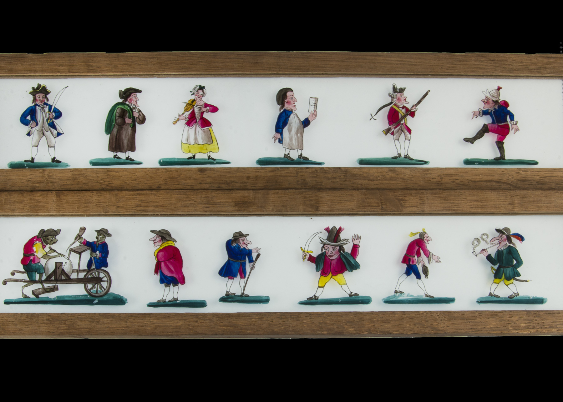 Seven Early Mahogany-Framed Hand-Coloured Long Magic Lantern Slides, 485mm x 104mm, various - Image 2 of 3