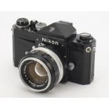 A Nikon F SLR Camera, serial no. 6991450, black, shutter working, body, F-G, leatherette beginning