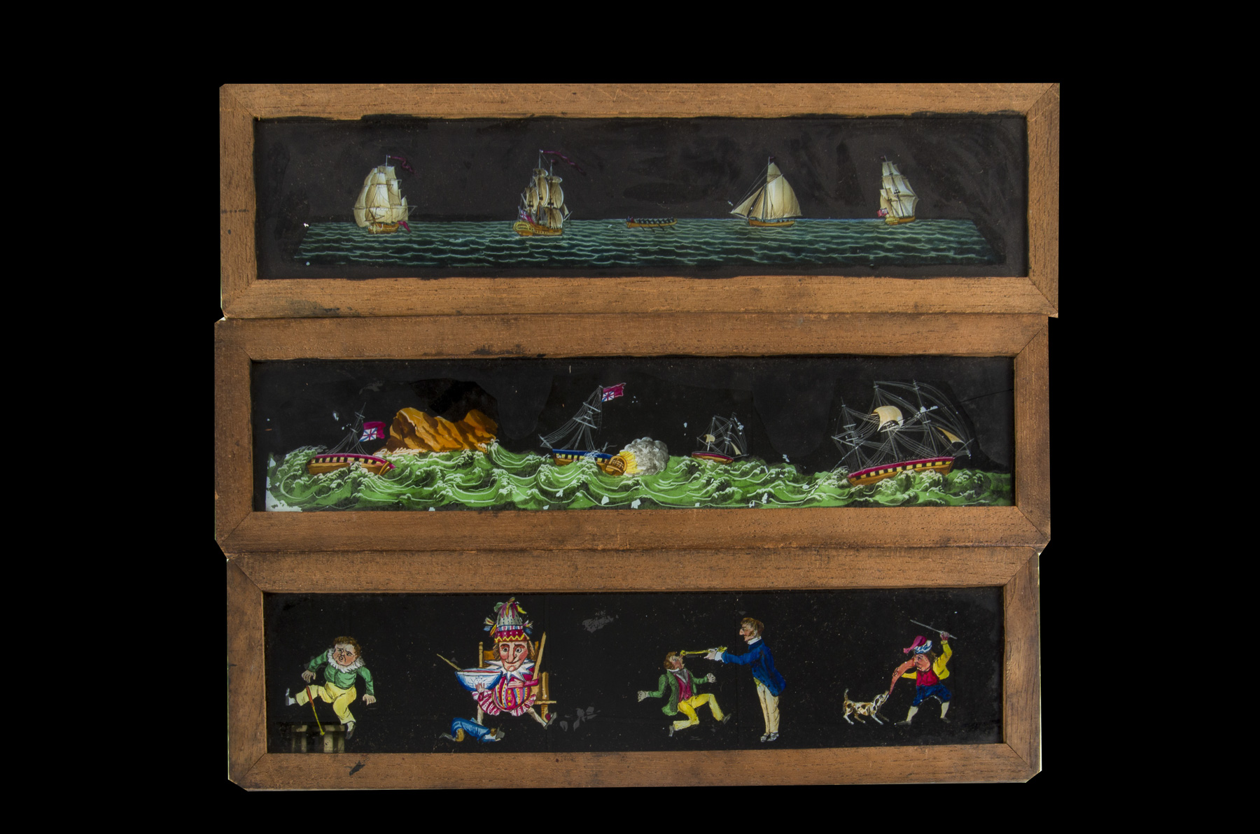 Twelve Mahogany-Mounted Hand-Painted Long Magic Lantern Slides, Each with comic figures and approx - Image 3 of 4