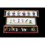 Three Early Mahogany-Framed Hand-Painted Long Procession Slides, one with six figures on including