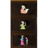 Eight Mahogany-Framed Hand-Coloured Magic Lantern Double-Slipping Slides, of a man reading and his