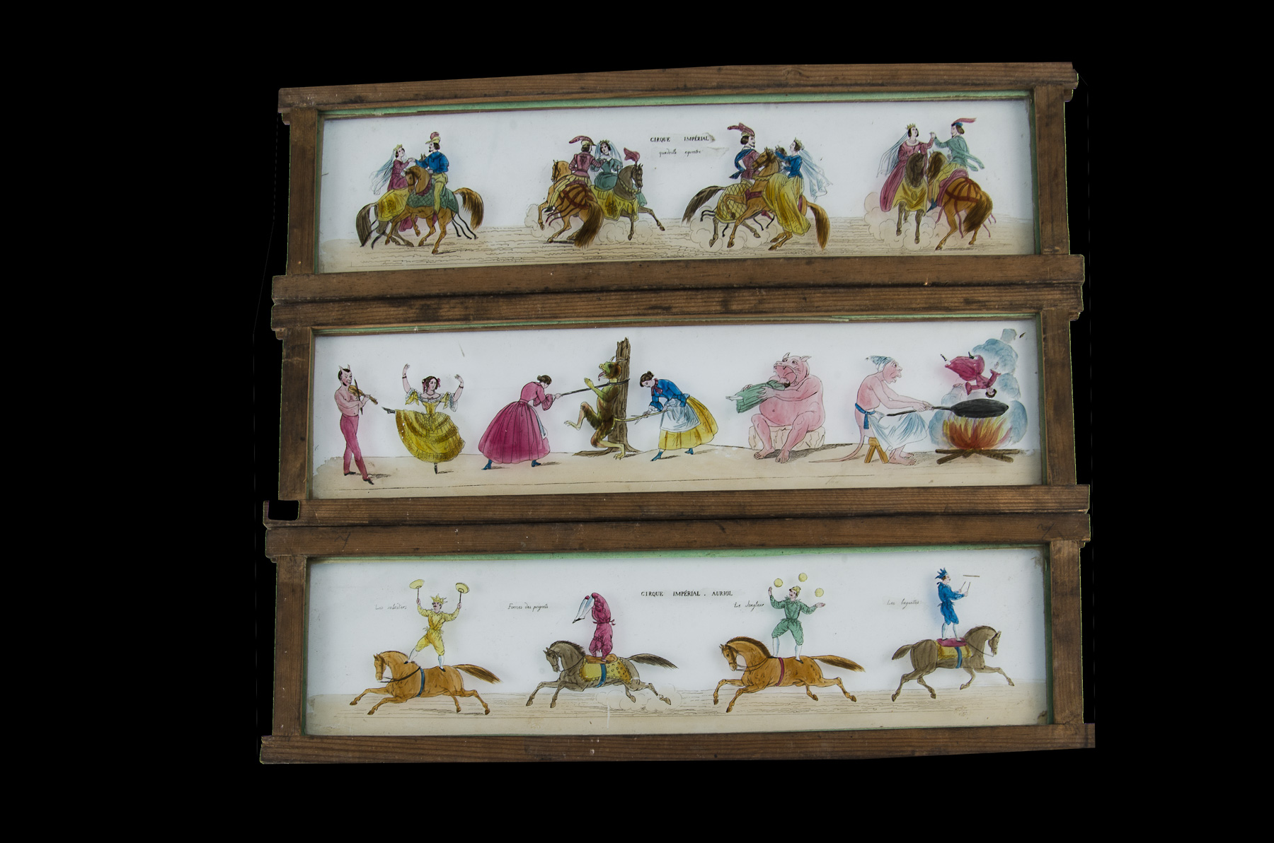 Eleven Early Mahogany-Framed Hand-Coloured Long Magic Lantern Slides, each 390mm x 105mm, various - Image 3 of 4