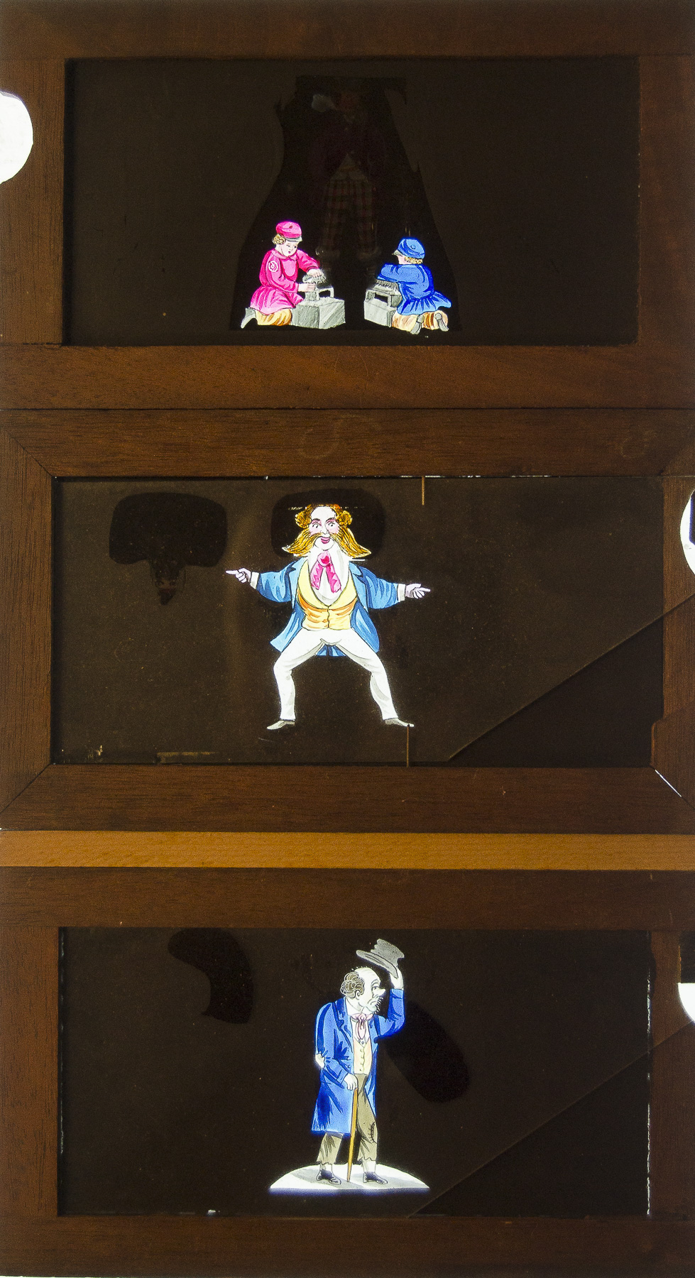 Eight Mahogany-Framed Hand-Coloured Magic Lantern Slipping Slides, of three flowers with moving