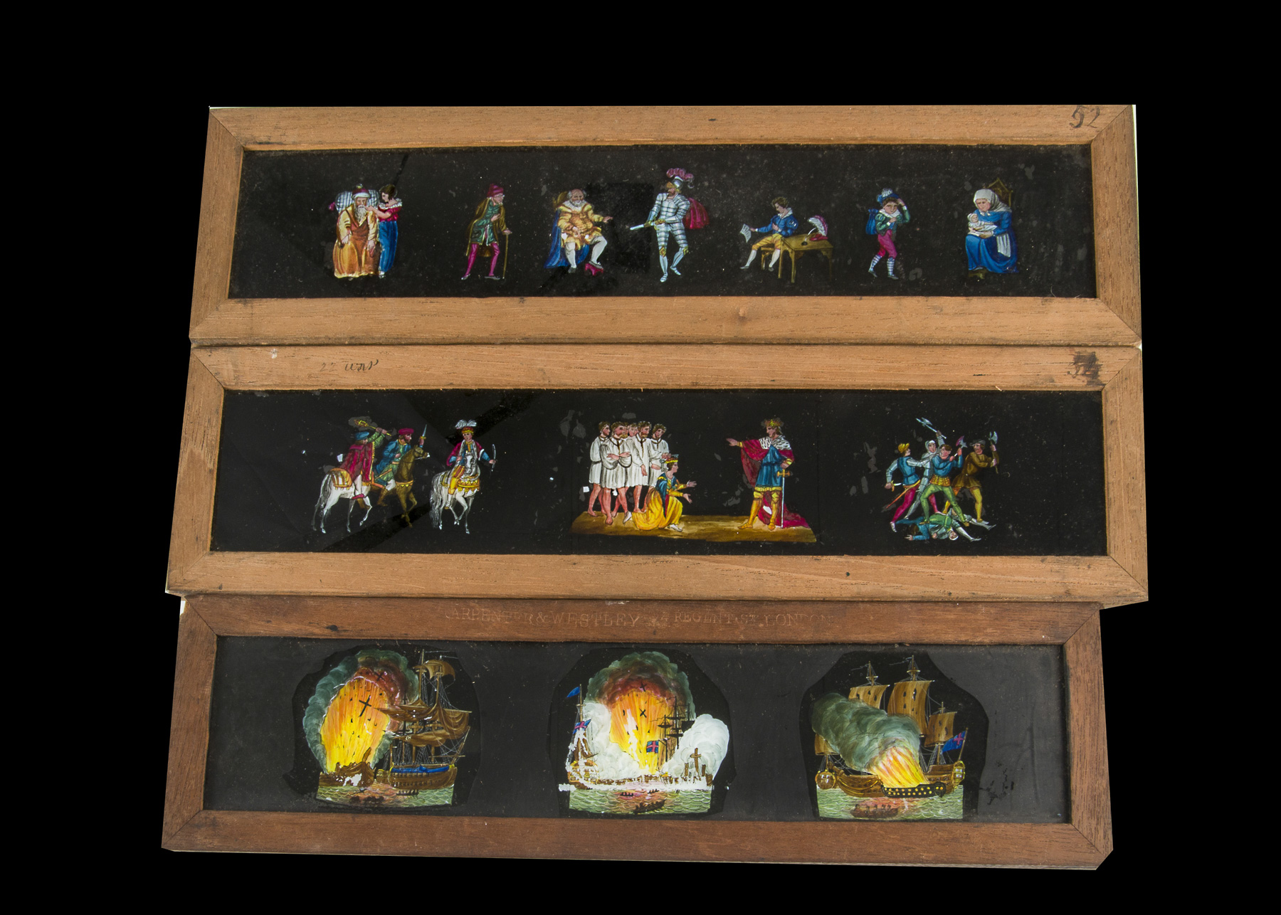 Ten Mahogany-Mounted Hand-Painted Long Magic Lantern Slides, various sizes of circa 368mm x 102mm