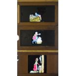 Eight Mahogany-Framed Hand-Coloured Magic Lantern Slipping Slides, of a lady with a goose, a woman