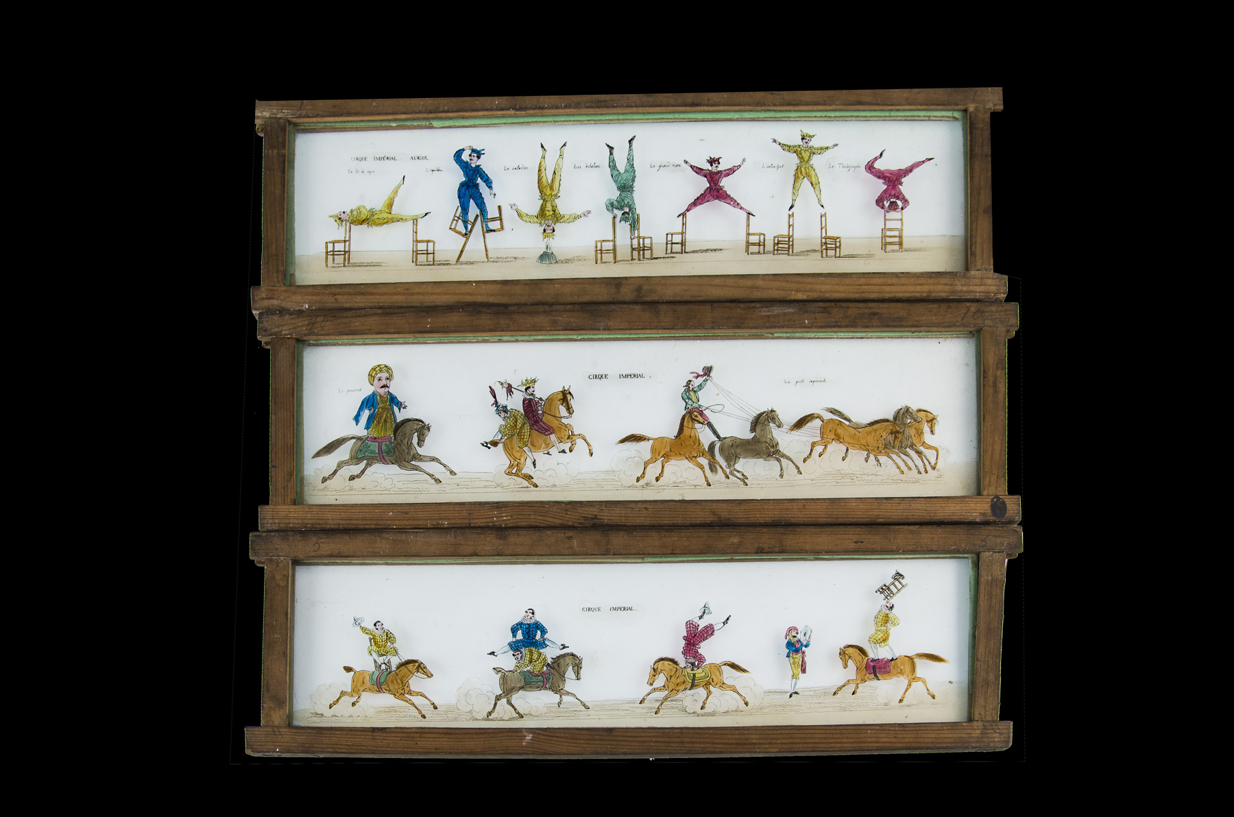 Eleven Early Mahogany-Framed Hand-Coloured Long Magic Lantern Slides, each 390mm x 105mm, various - Image 2 of 4