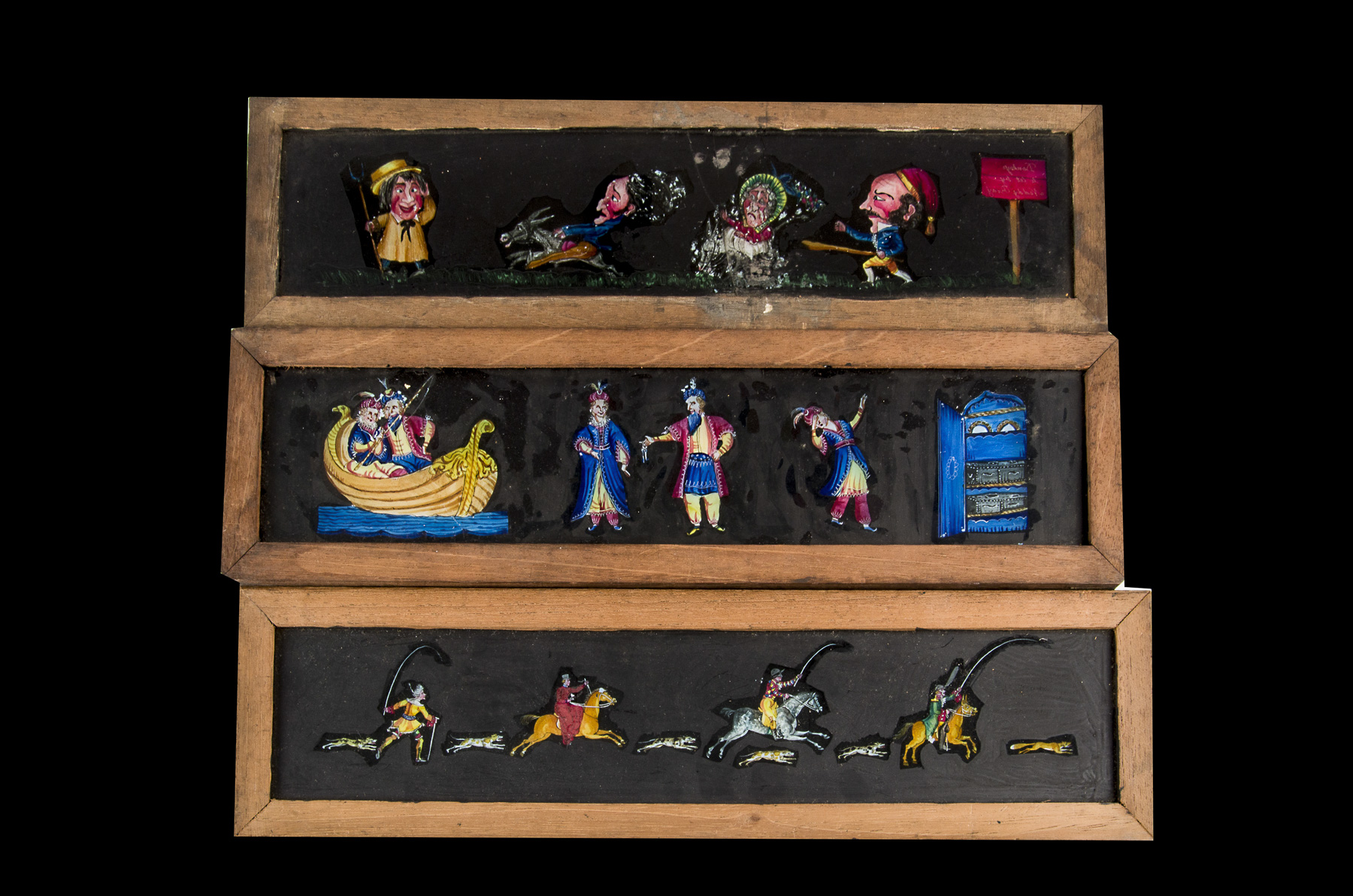 Twelve Mahogany-Mounted Hand-Painted Long Magic Lantern Slides, Each with comic figures and approx - Image 2 of 4