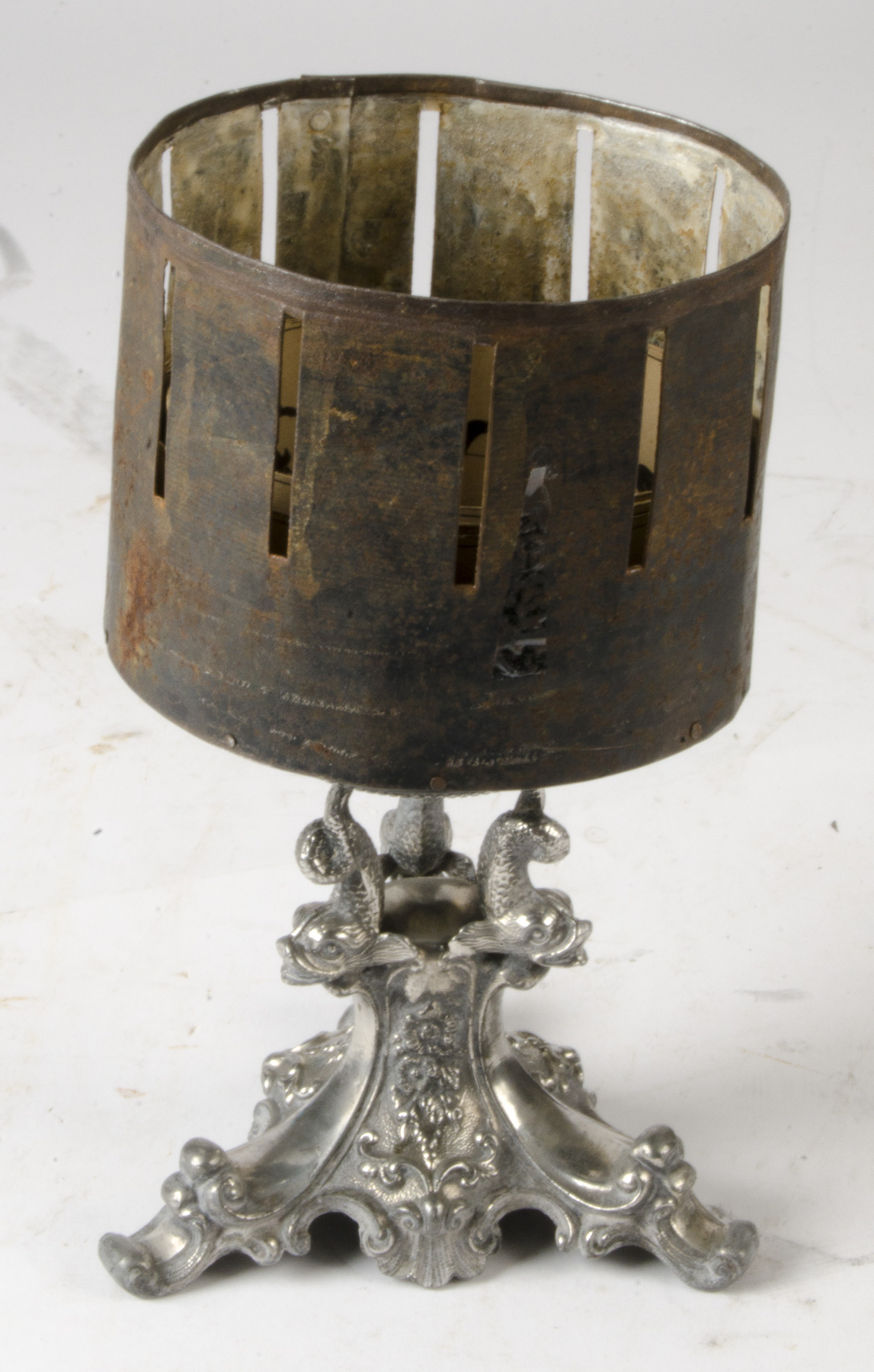 Unusual Miniature Zoetrope on an Ornate Silver Plated Base, the base with three scrolled fish