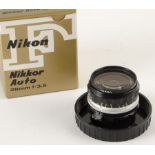 A Nikon Nikkor-H Auto 28mm f/3.5 Lens, serial no. 784641, black, barrel, G-VG, light marks to