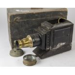 A Russian Iron and Brass Magic Lantern, with 6in brass barrel lens with rack and pinion focusing,