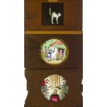 Three Mahogany-Mounted Hand-Coloured Magic Lantern Slipping and Lever Slides, one with two