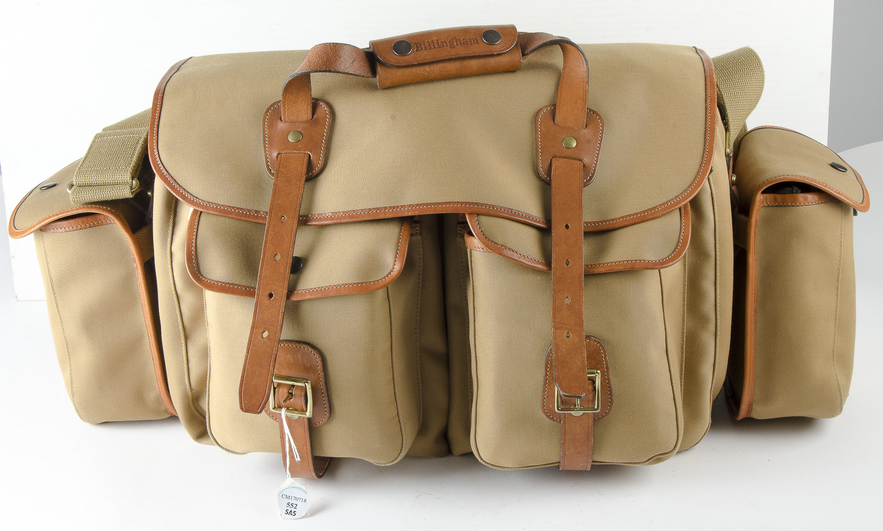 Billingham Bag, model 550, detachable end bags, padded inserts, khaki, tan trim, 60cm x 29cm x 30cm,