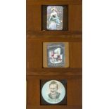 Eight Mahogany-Mounted Advertising Magic Lantern Lever Slides, including two lever slides for