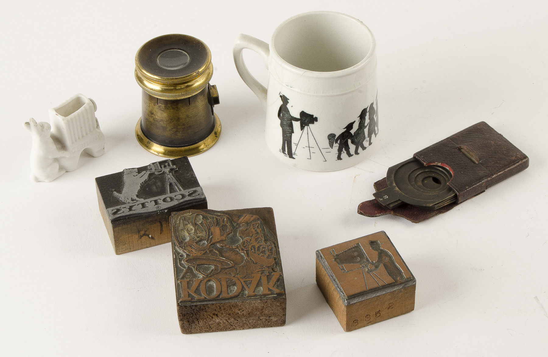 Various Items, three wood and metal printing blocks for photographic advertisements, set of