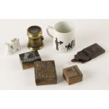 Various Items, three wood and metal printing blocks for photographic advertisements, set of