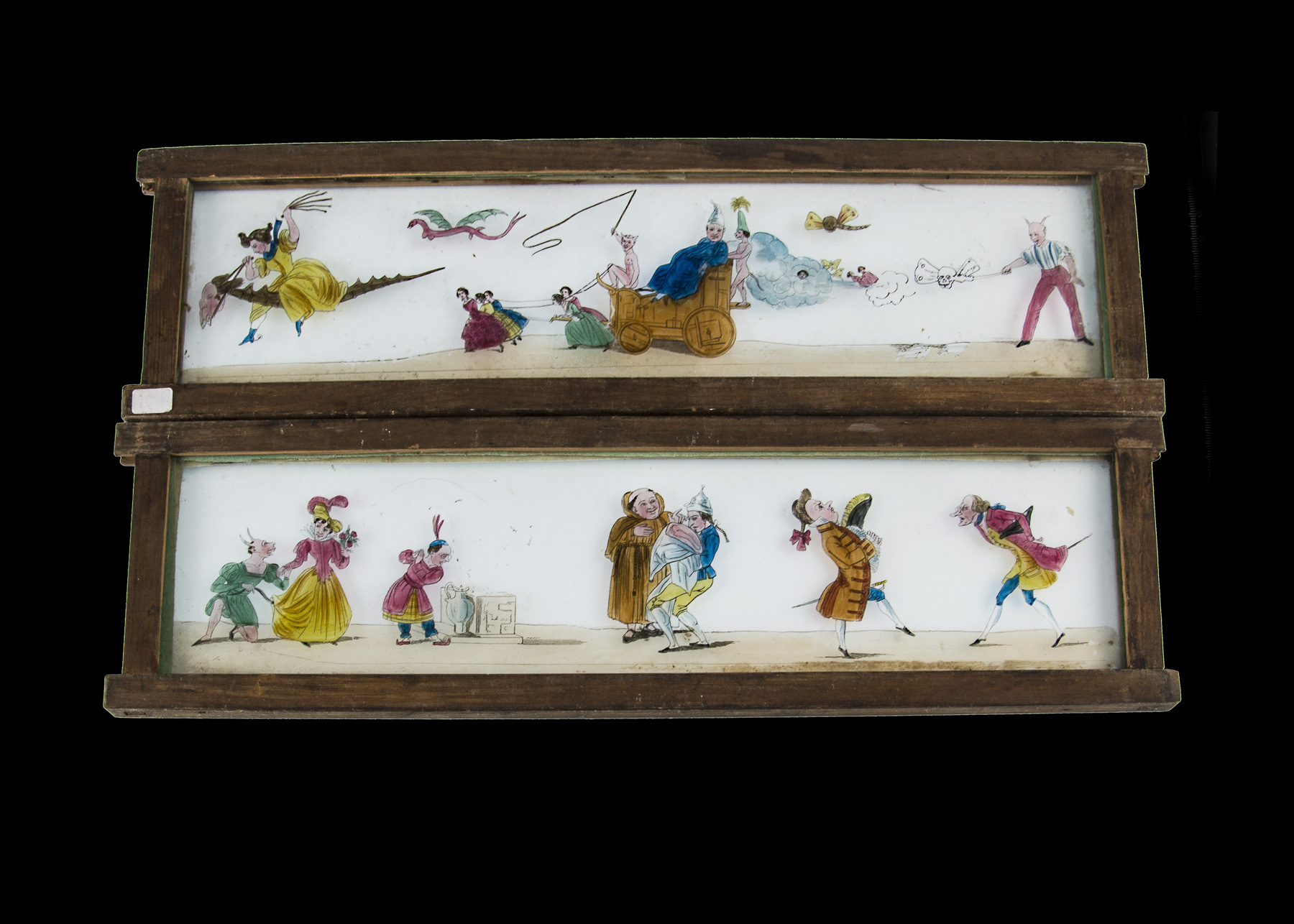 Eleven Early Mahogany-Framed Hand-Coloured Long Magic Lantern Slides, each 390mm x 105mm, various - Image 4 of 4