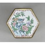 A Chinese enamel hexagonal box with hinged lid, with painted scenes of exotic birds and flowers 14