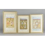 Three Persian watercolours, the central painted scenes of couples in landscapes, with script to