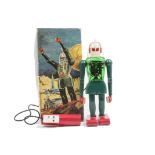 A Dux (Western Germany) Remote-control Astroman Robot, green plastic body, red hands and feet, clear