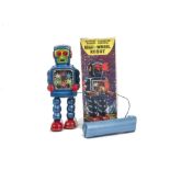 A Yoshiya K.O (Japan) Remote-control High-Wheel Robot, metallic blue tinplate body, red feet and