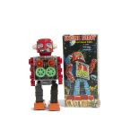 A Horikawa S.H (Japan) Battery-operated Engine Robot, brown tinplate body, red plastic head and