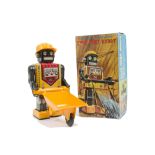 A Suzugen For Horikawa S.H (Japan) Battery-operated Busy Cart Robot, yellow and grey detailed