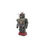 A Horikawa S.H (Japan) Battery-operated Fighting Robot, silver-grey tinplate body, clear plastic