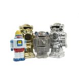 Ceramic Robot Money Boxes, 1980s Metal Mickey money box, two New Bright Tommy The Atomic Robot style