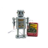 A Masudaya For Linemar (Japan) Electric Battery-operated Remote-control R-35 Robot, silver-blue
