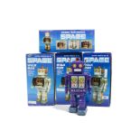 Chinese Space Walk Man Robots, four Battery-operated tinplate robots, one silver, one black, one
