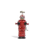 A Yoshiya K.O (Japan) Crank Driven Moon Explorer, red tinplate body, black feet and arms, clear