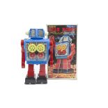 A Horikawa S.H (Japan) Wind-Up New Gear Robot, blue plastic body, red legs and arms, yellow and