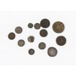 A collection of hammered and other antique coins, including a Charles I three pence, a James I 1604