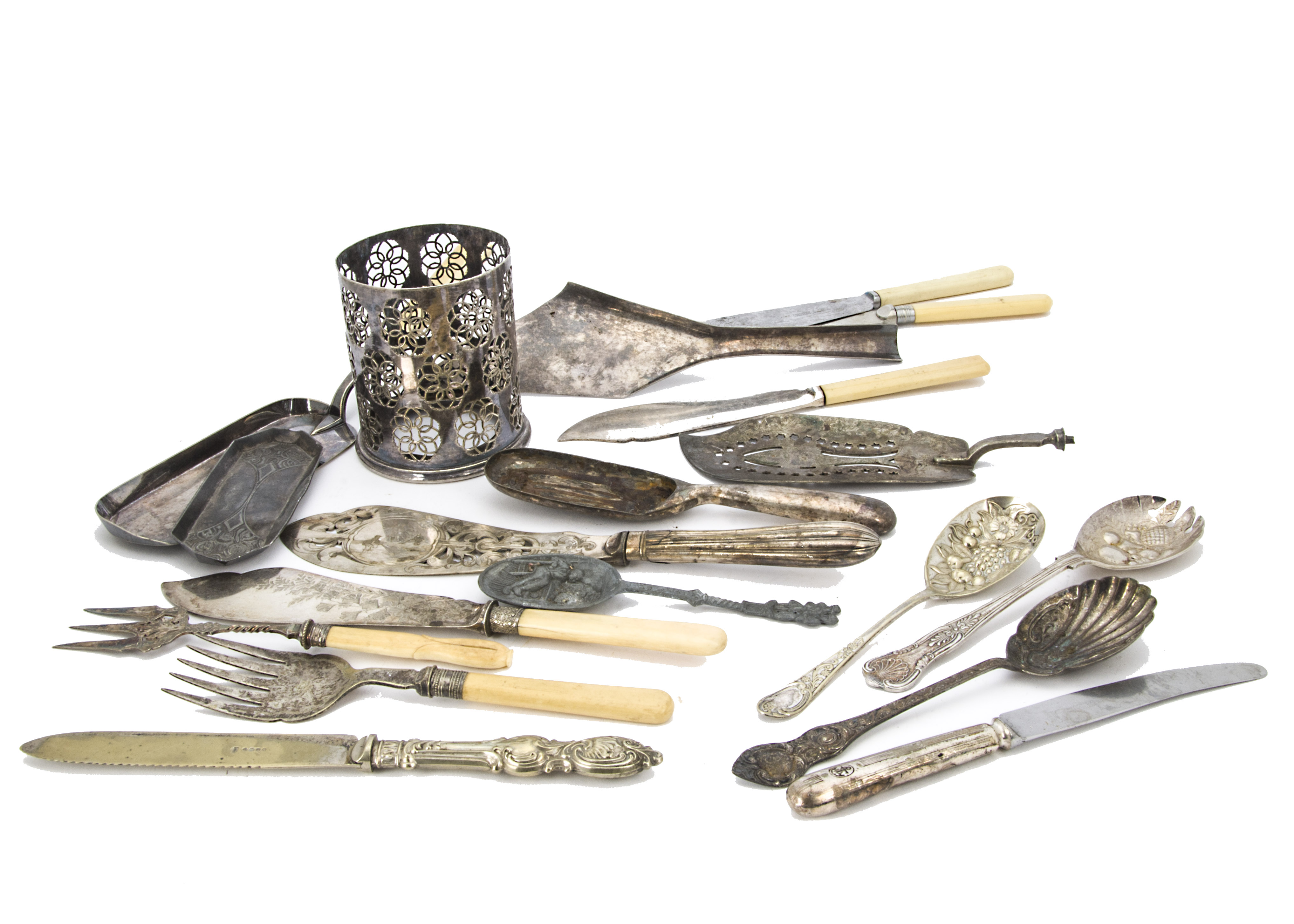 A part canteen of silver plated cutlery, in mahogany box, together with other plated serving items